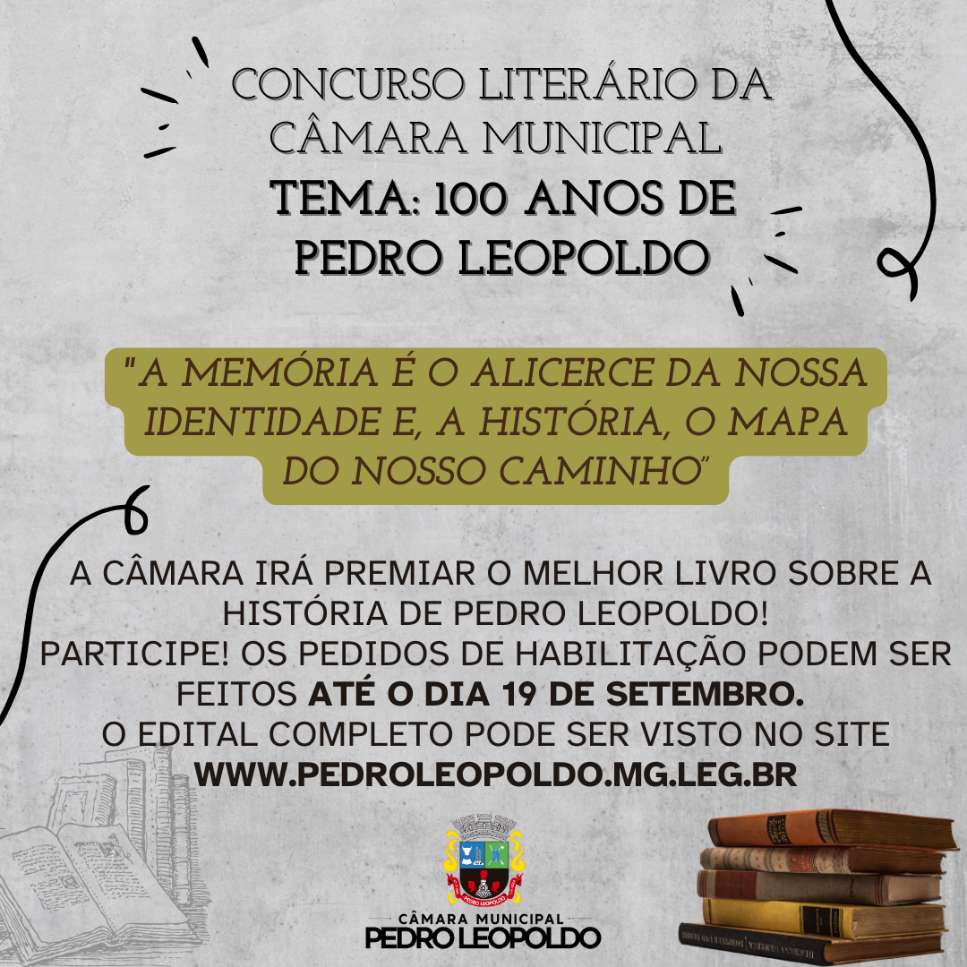 Câmara irá premiar melhor livro sobre os 100 anos de Pedro Leopoldo