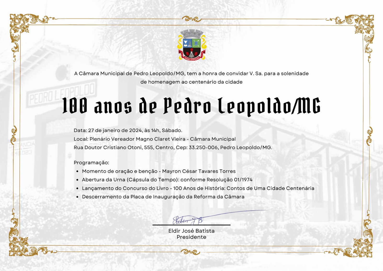 Celebrando 100 Anos de Pedro Leopoldo e Revelando o Passado: Sessão Solene e Abertura da Cápsula do Tempo!